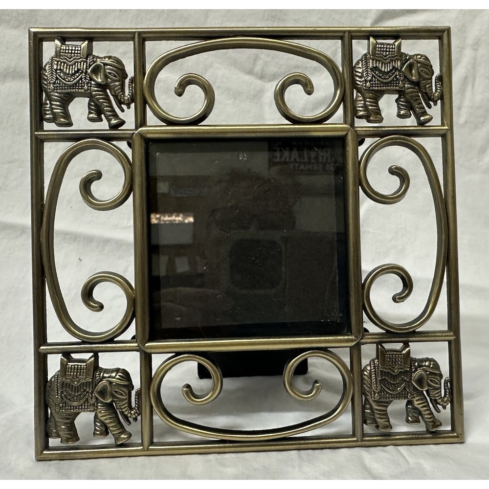 Brass Elephant Picture Photo Frame 3" Square Tabletop Hanging Indo-Asian-Style